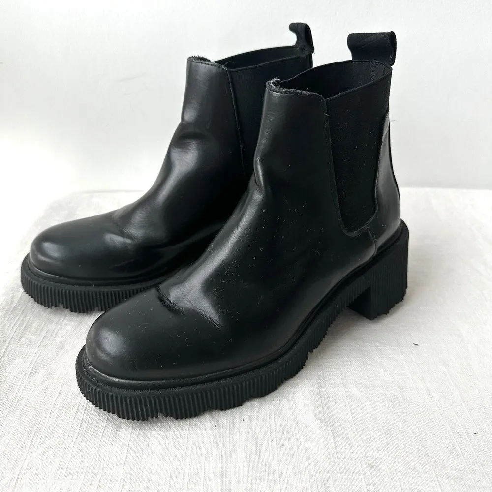 Zara Lug‎ Sole Ankle Platform Boots Black Size 38 Chunky Heel US 7.5